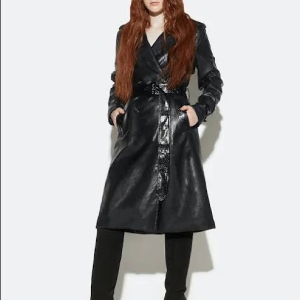 Priya Vegan Leather Black Crocodile Trench Coat